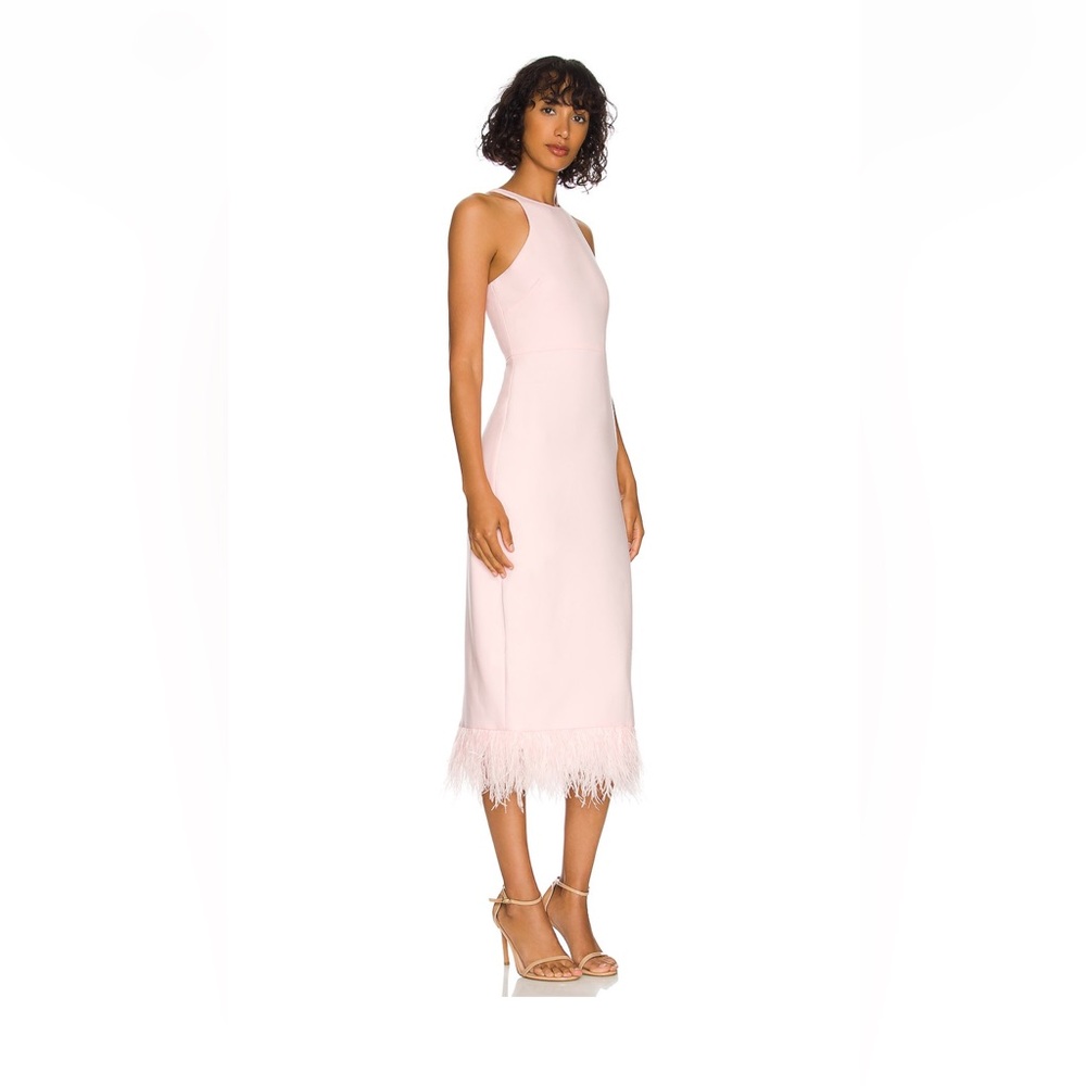 Likely slimming light pink feathered trim dress
